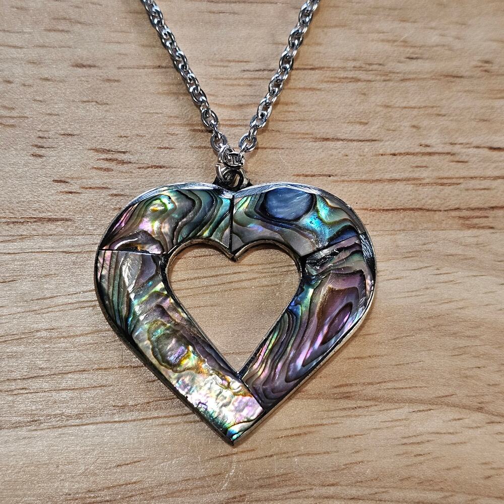 Vintage Alpaca Silver & Abalone Heart Pendant Necklace